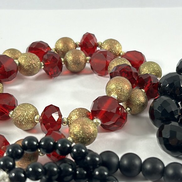 Lot 6 Stretch Bracelets Black Red Gold Beaded Layering Stacking Rhinestones - Picture 5 of 10